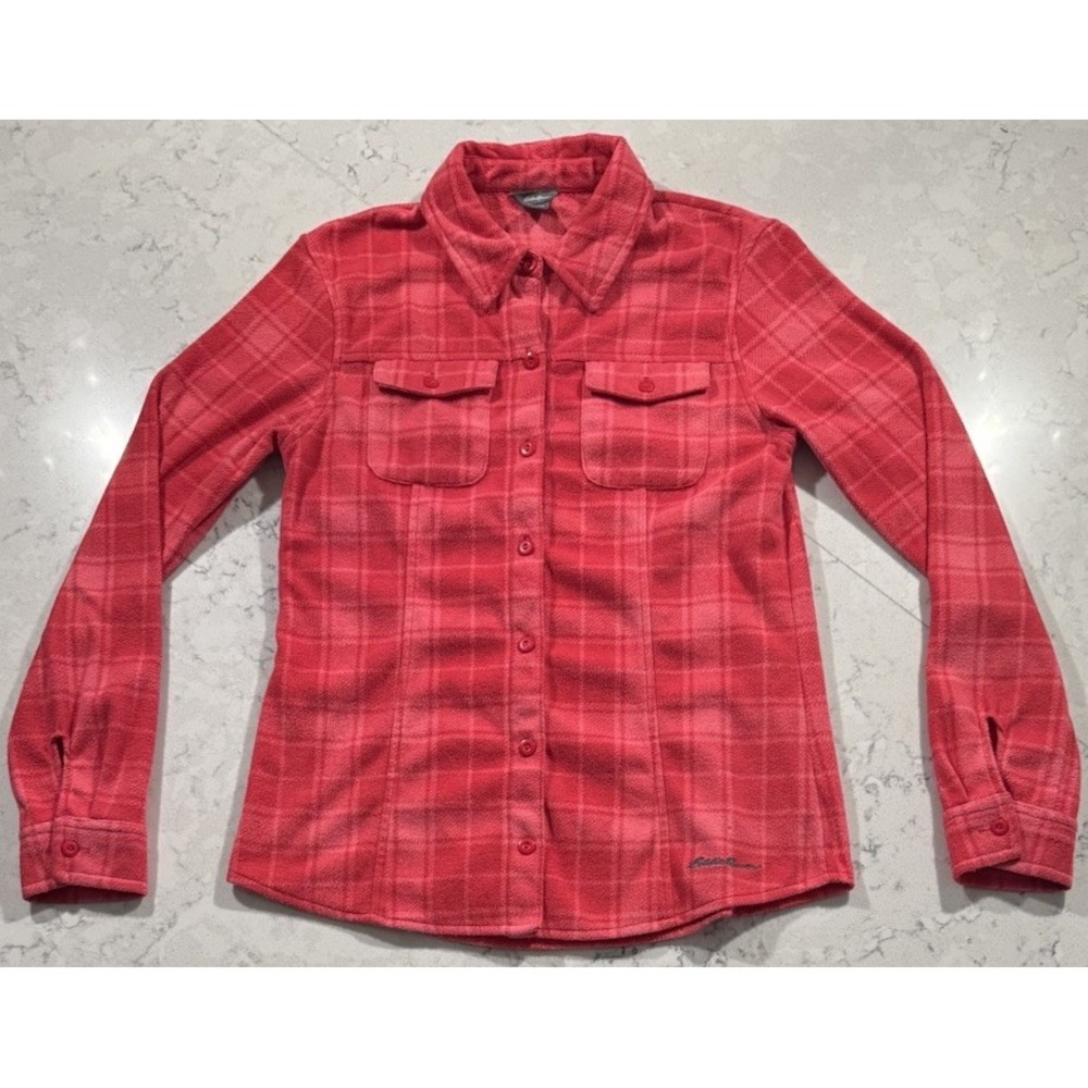 Eddie Bauer Shirt Womens XS Red Plaid Long Sleeve Button Up Fleece